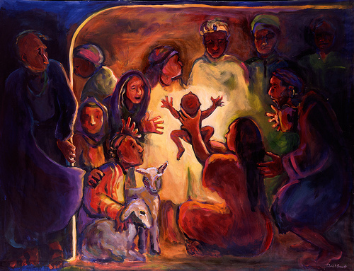 A painting of the nativity. Mary holds baby Jesus up for all to see, he is bathed in golden light that washes over everyone present: Mary, Joseph, the wise men, the midwives, the shepherds, and the animals.